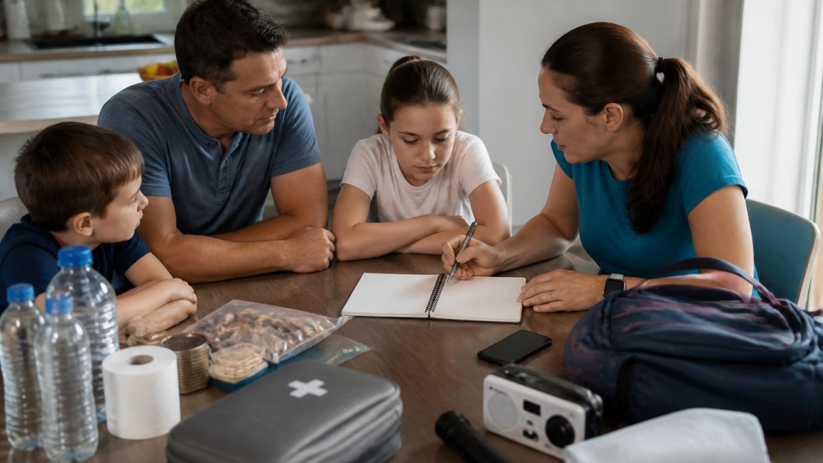 A family sitting around a kitchen table with a notebook, pens, and a smartphone, writing down emergency contact numbers and discussing their communication plan