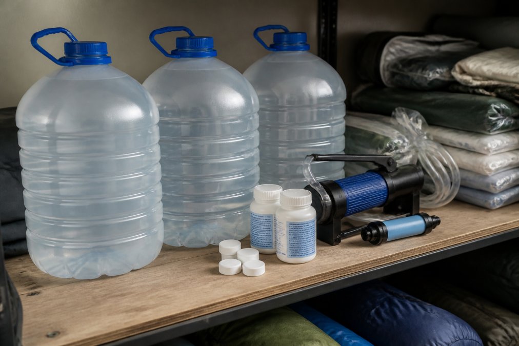 Water storage containers, purification tablets, and a portable filter organized on a shelf for a family emergency kit.