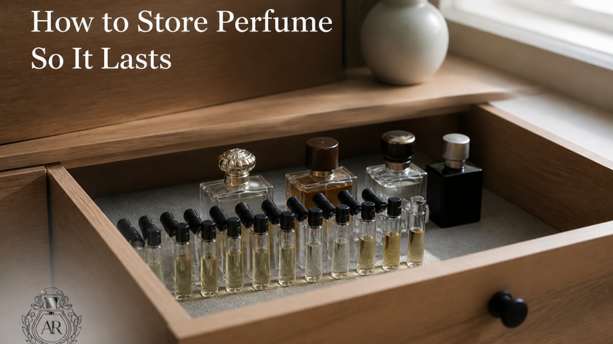 Glass perfume bottles and sample vials arranged neatly inside a dark wooden drawer away from sunlight