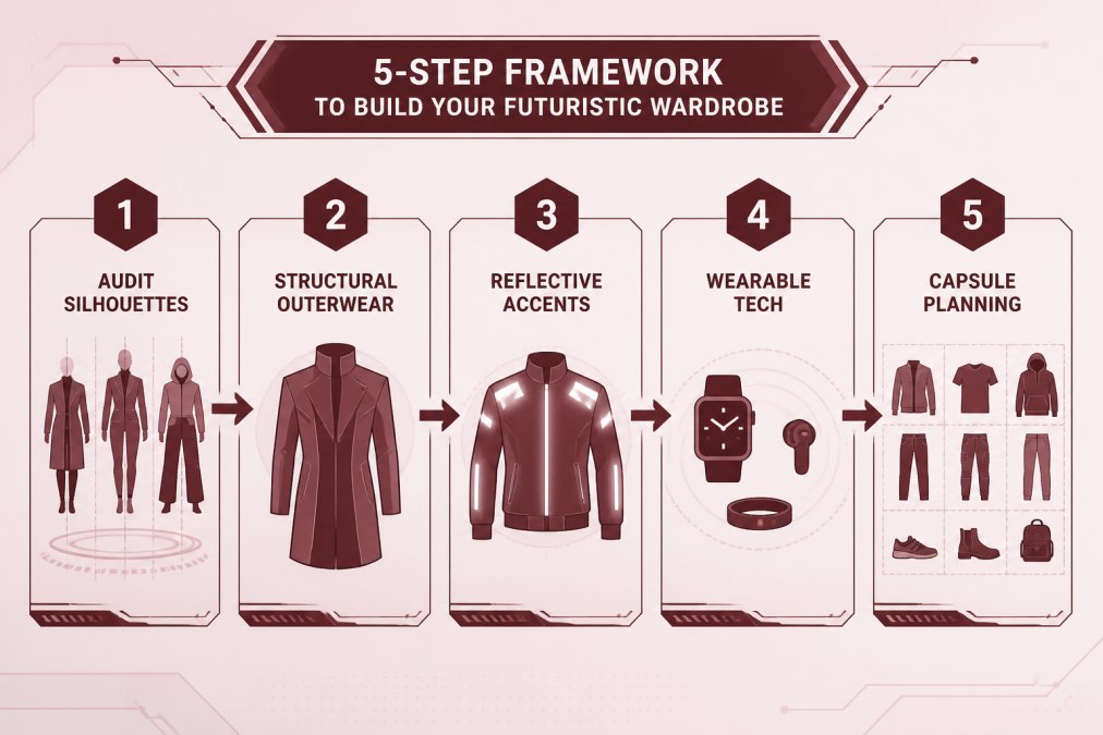 Flowchart showing the 5-step progression: 1 Audit Silhouettes, 2 Structural Outerwear, 3 Reflective Accents, 4 Wearable Tech, 5 Capsule Planning