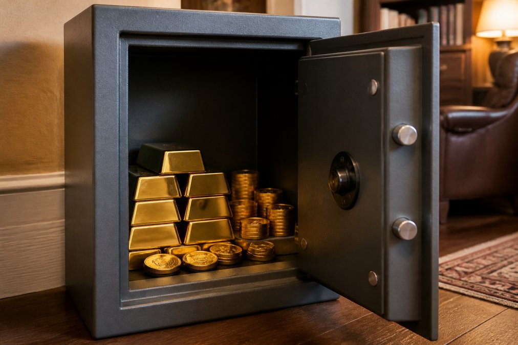 Open home safe revealing stacks of gold bullion bars and coins in a warm home office setting