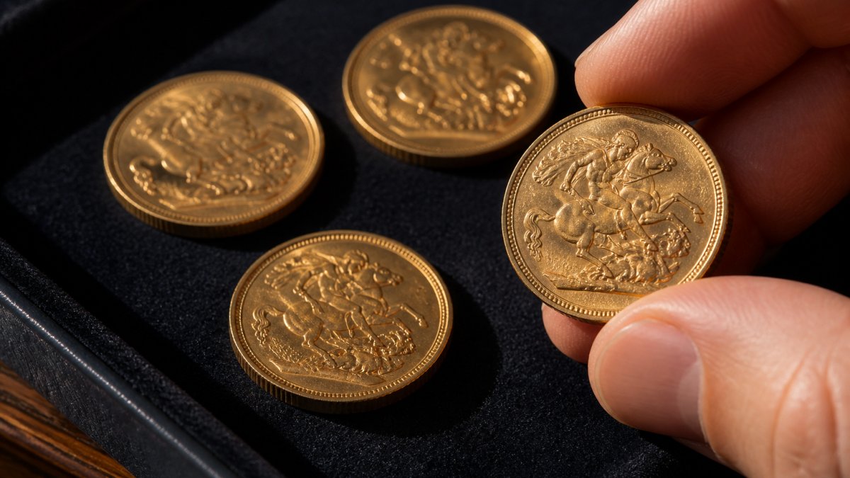 Close-up photograph of several gold sovereign coins arranged on a dark velvet surface, one coin held between fingers, with soft natural light highlighting the milled edges and St George design