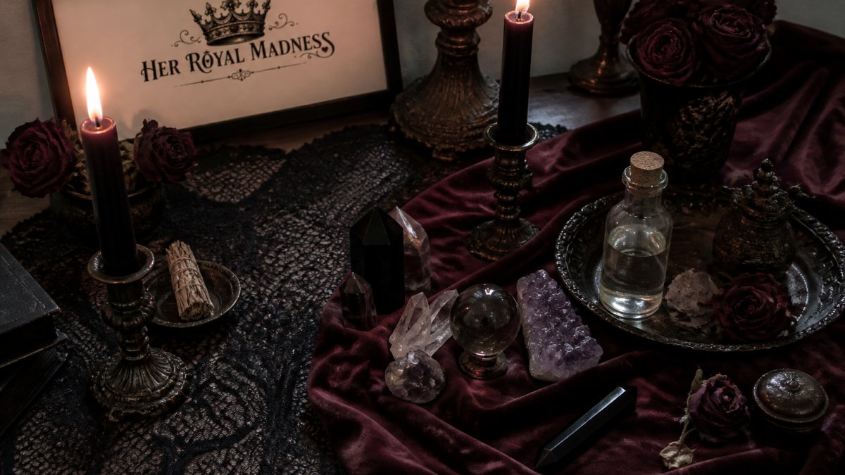 A close-up overhead shot of a gothic altar table styled with a black lace runner, deep burgundy velvet cloth, antique candlesticks, and a small glass bottle of moon water, with soft candlelight casting shadows across dark crystals and dried roses