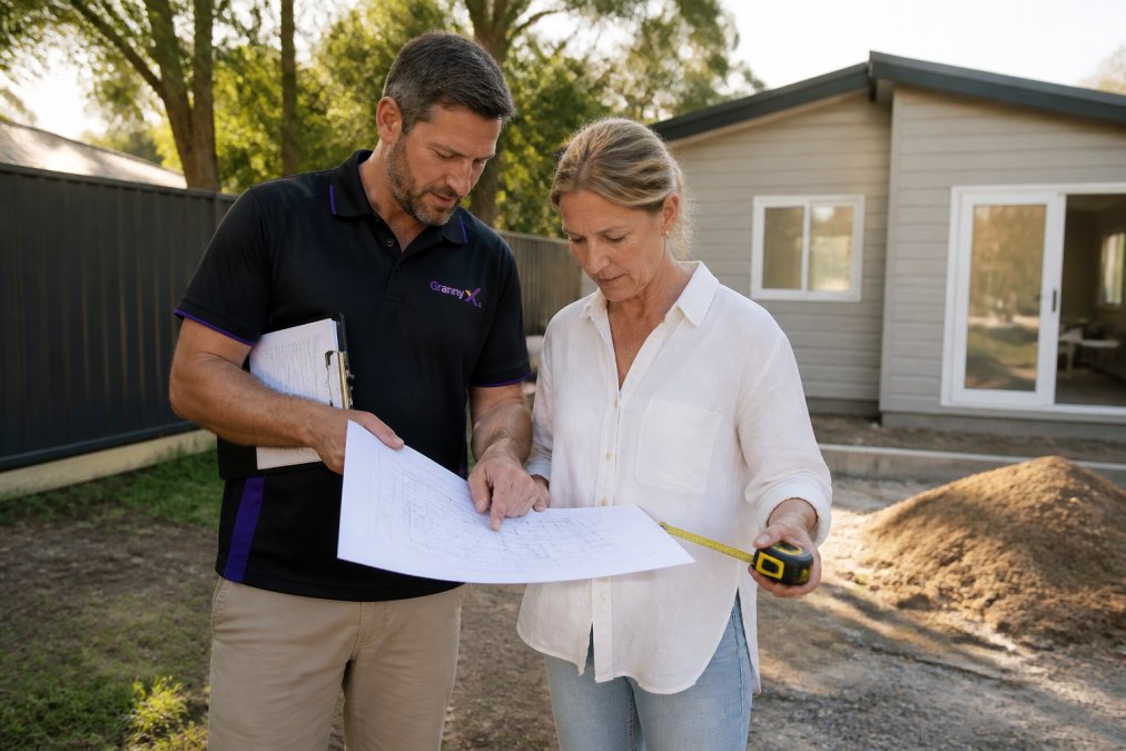 Builder and property owner reviewing architectural plans to build granny flat in a backyard