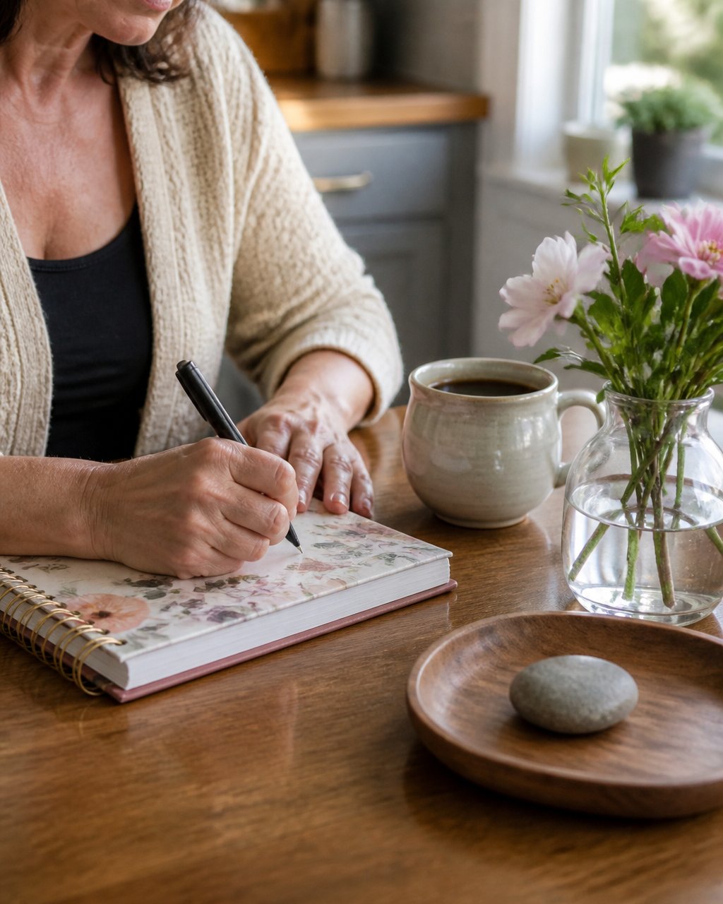 A woman in her forties sitting at a kitchen table in soft morning light, writing in a floral spiral-bound journal beside a steaming mug of coffee and a small vase of flowers, calm and unhurried