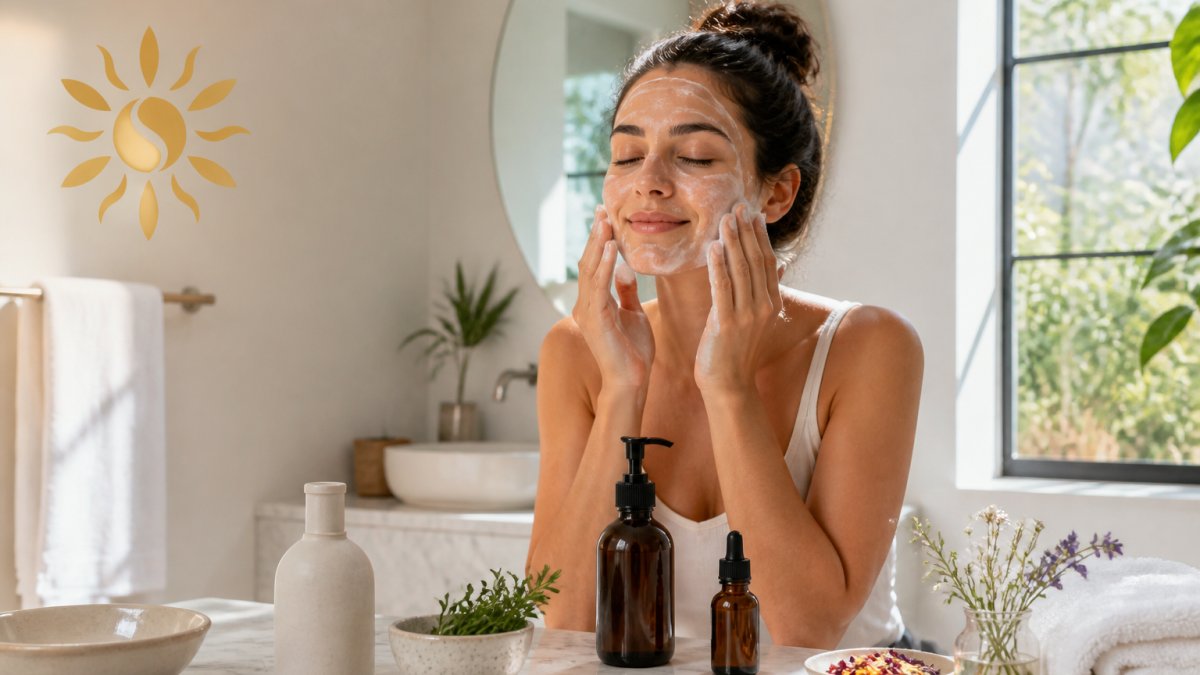 Woman in bright bathroom applying natural cleanser to her face, with botanical skincare products arranged on marble counter, morning light streaming through window