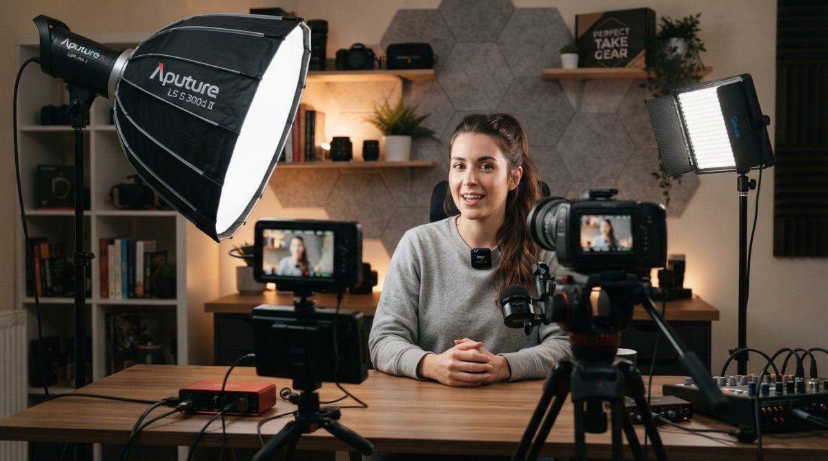 Home studio setup with three-point lighting configuration in action: a content creator seated at desk with key light positioned at 45 degrees to the left, fill light softening shadows on the right side, and backlight separating subject from neutral background