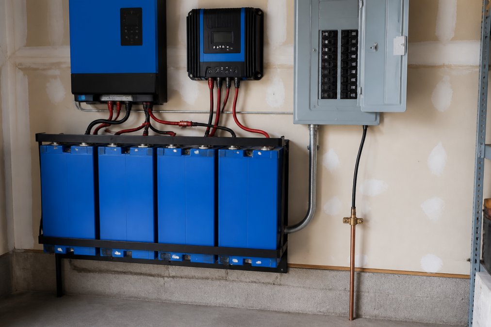 Close-up of a lithium iron phosphate battery bank with blue casing mounted on a garage wall next to an inverter and charge controller, with labeled red and black cables connecting to a breaker panel and grounding rod