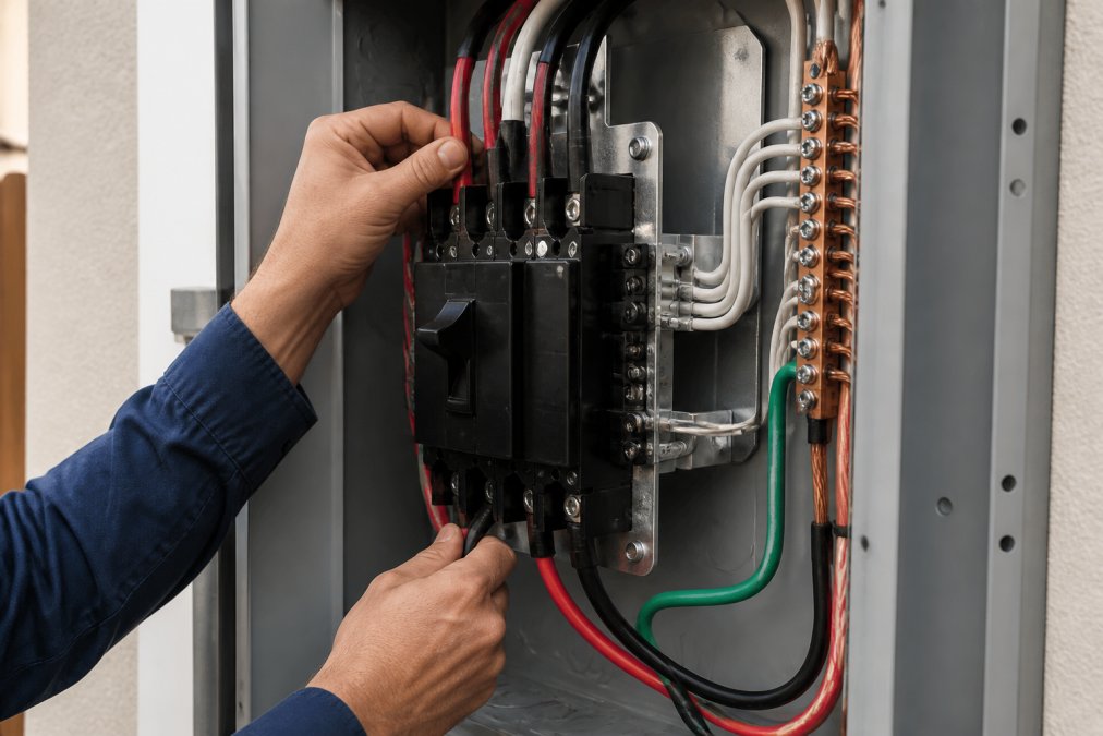 Electrician's hands installing a transfer switch on a residential electrical panel, showing proper color-coded wiring with red and black conductors, white neutral, and green grounding wire connected to a copper bus bar