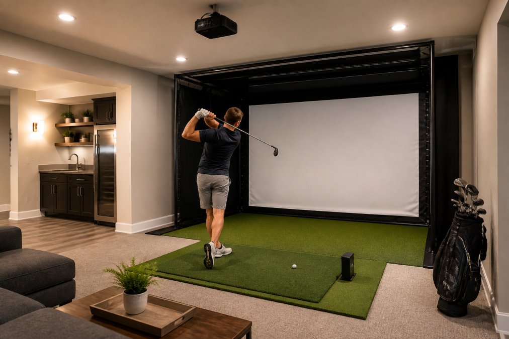 Professional illustration showing mounted and overhead and well-lit concepts for home golf simulator