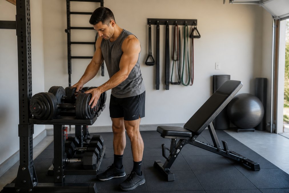Person adjusting an adjustable dumbbell on a rack in a garage home gym with a foldable weight bench