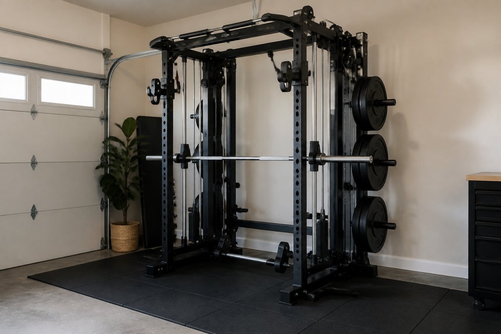 A compact all-in-one home gym unit with a power rack and Smith machine positioned against the wall of a tidy residential garage, rubber flooring underneath, weight plates stored on the rack, bright overhead lighting