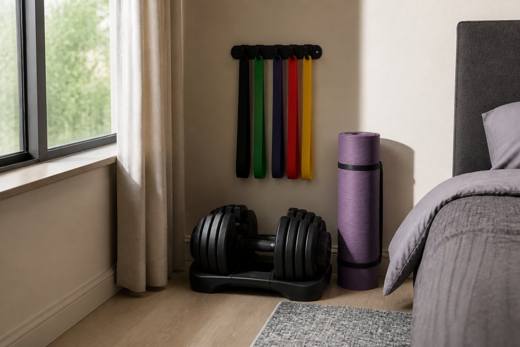 Adjustable dumbbells and colorful resistance bands neatly organized in a compact corner of a modern bedroom with natural window light, yoga mat rolled beside them