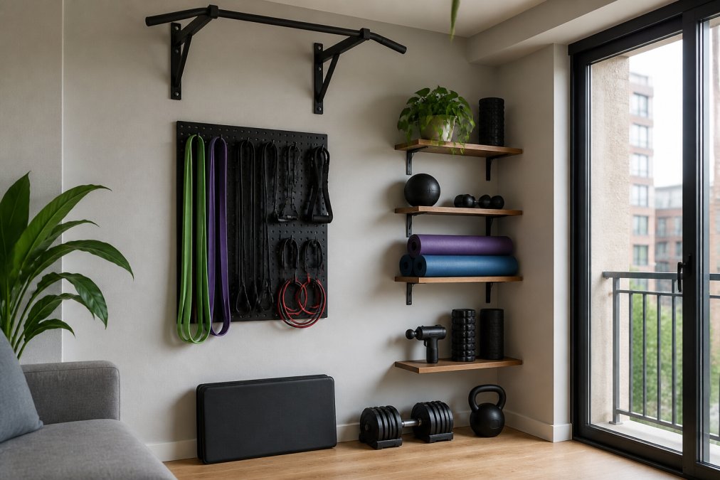 Minimalist apartment corner with wall-mounted pull-up bar, vertical pegboard holding resistance bands and small equipment, shelves displaying folded yoga mats and recovery tools in natural light