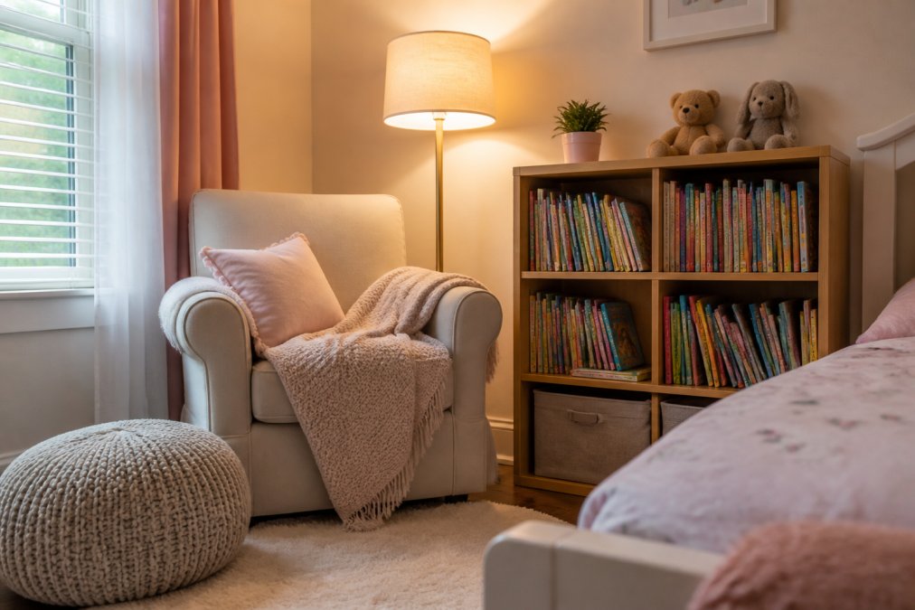 Cozy reading nook with a soft armchair and bookshelf in a home library setting for children