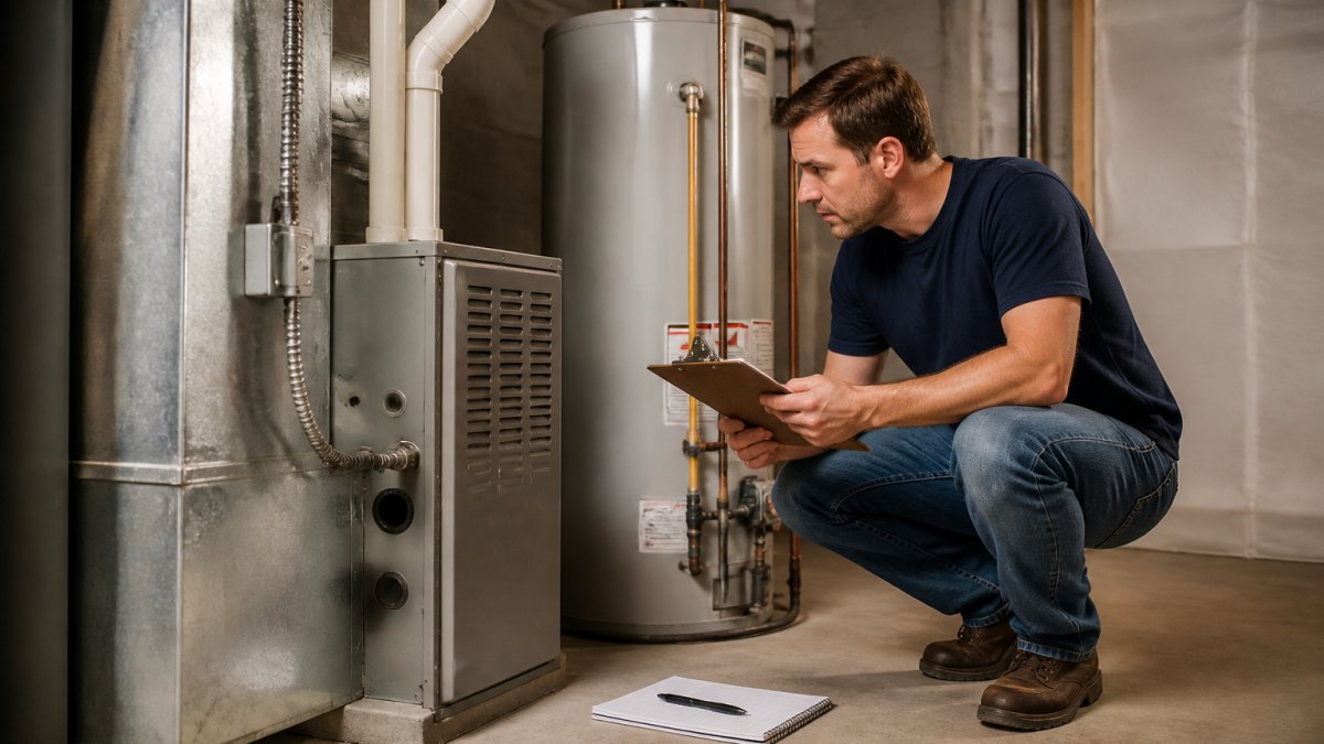 Homeowner checking a furnace and water heater for a home maintenance plan