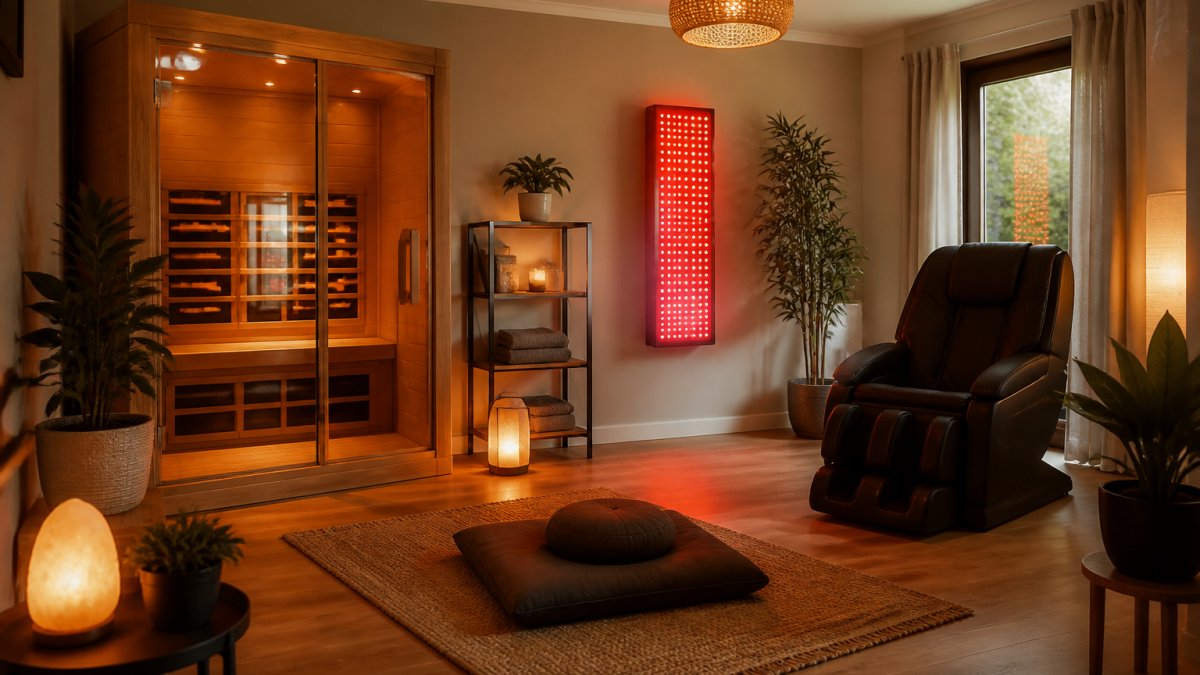 Serene home wellness room with an infrared sauna, meditation cushion, massage chair, and warm accent lighting.