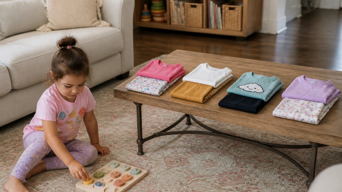 A young child wearing a colorful graphic tee and leggings, playing on a living room floor with a few folded outfit combinations laid out on a low table nearby