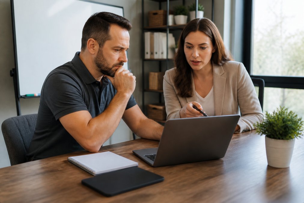 Marketing specialist and business owner reviewing a lead scoring framework on a laptop and whiteboard.