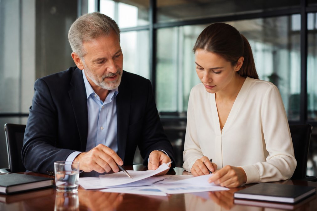A senior leader mentoring a younger professional at a conference table, both reviewing documents together in a well-lit corporate office setting