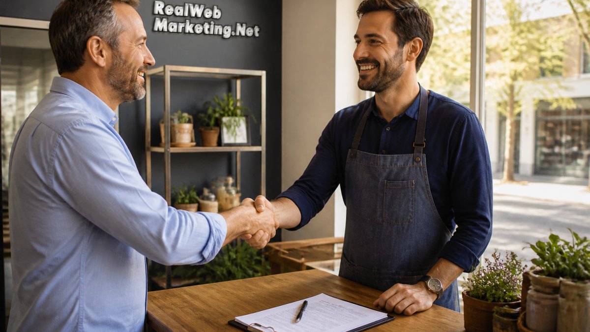 Two local business owners shaking hands in a small storefront office, a clipboard with a referral agreement on the counter between them, warm afternoon light through the front window