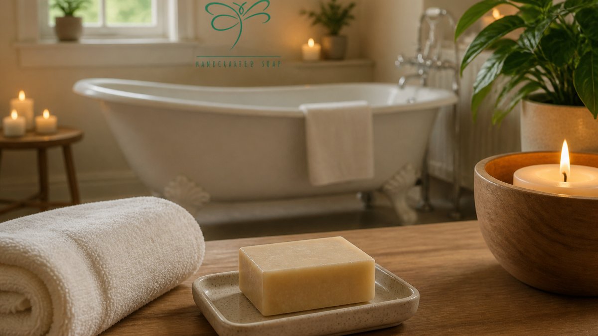 A serene bathroom scene with a clawfoot tub, lit candles, a ceramic soap dish holding a handcrafted bar of soap, and a rolled towel, creating a spa-like atmosphere