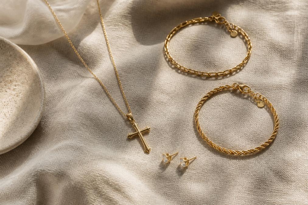 Gold-plated necklace, stacking bracelets, and stud earrings from a luxury jewelry collection on linen.