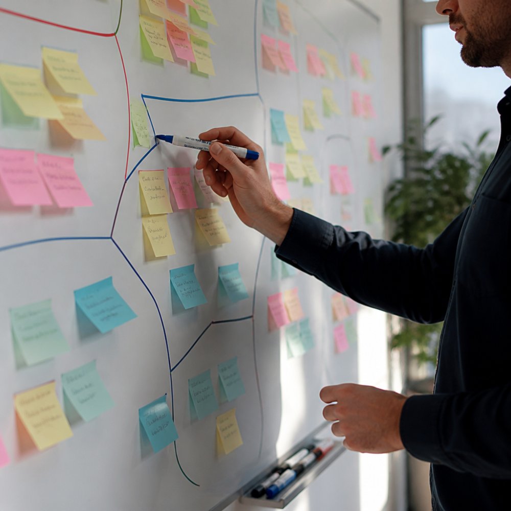 A sales strategist standing at a large wall-mounted whiteboard covered in sticky notes and hand-drawn segments, marker in hand, mid-thought