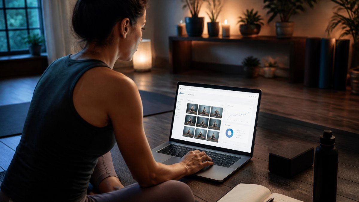 How to Build a Membership Site for Yoga Instructors Yoga instructor sitting at laptop in home studio, screen showing membership site dashboard with class library and member analytics visible