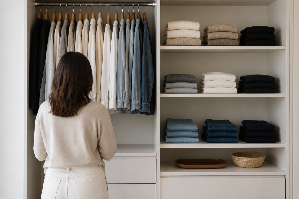 Person standing before a minimalist capsule wardrobe featuring neatly folded neutral basics and denim essentials.