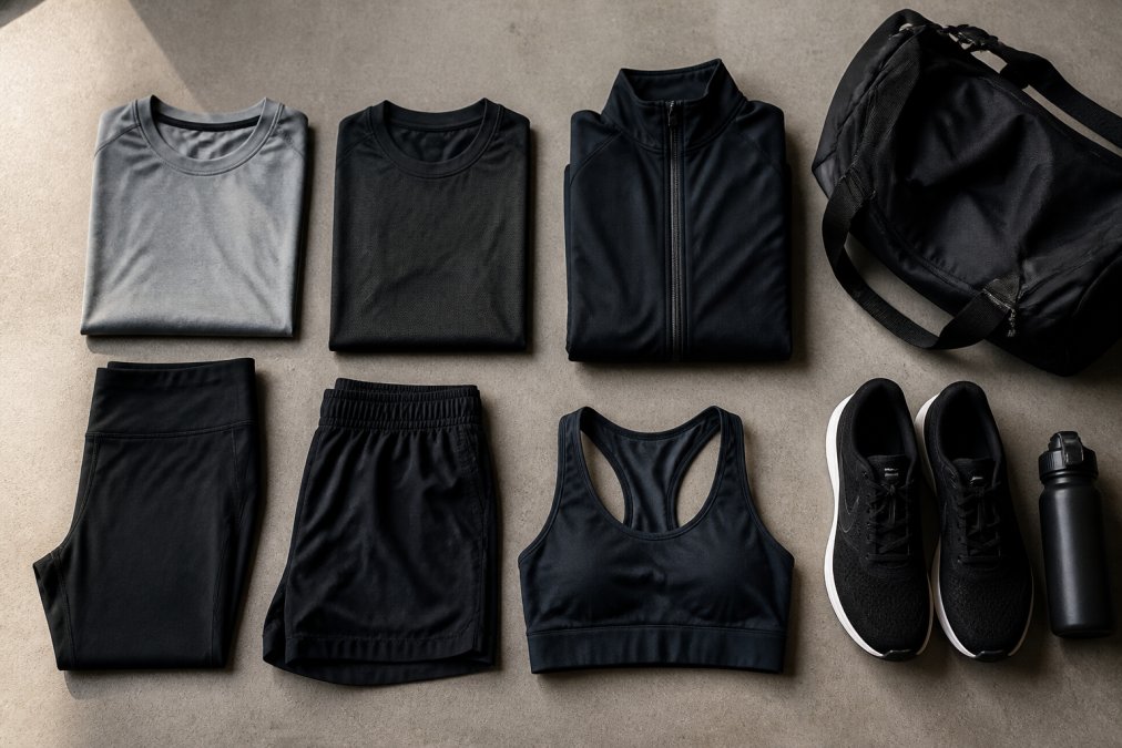 Flat lay of a minimalist gym capsule featuring moisture-wicking shirts, compression gear, and training shoes.