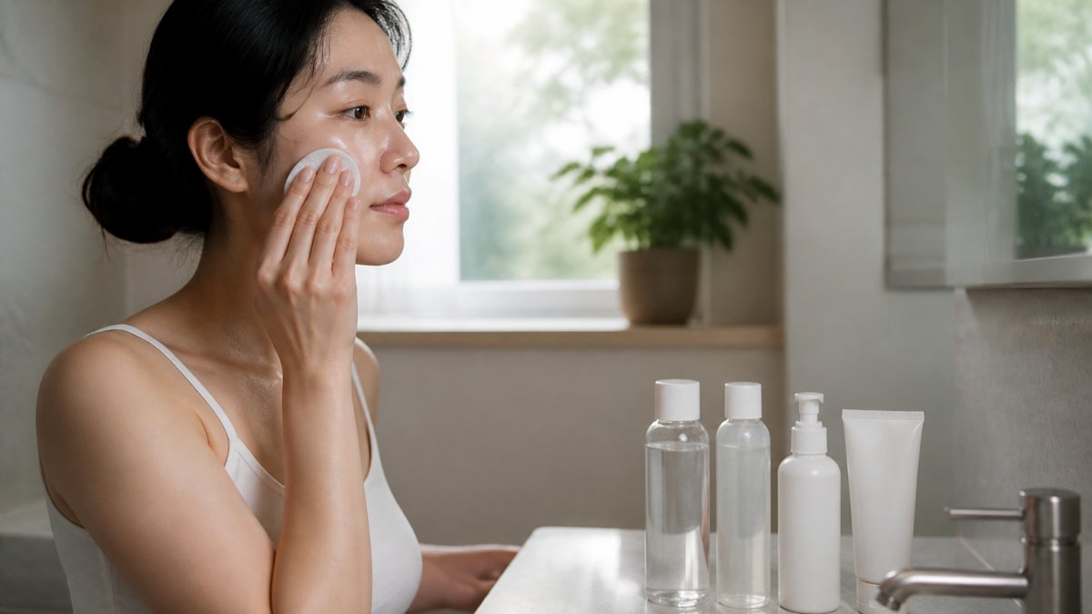 A young woman at a bathroom counter applying toner with a cotton pad, four skincare bottles lined up neatly beside the sink, soft morning light through a window