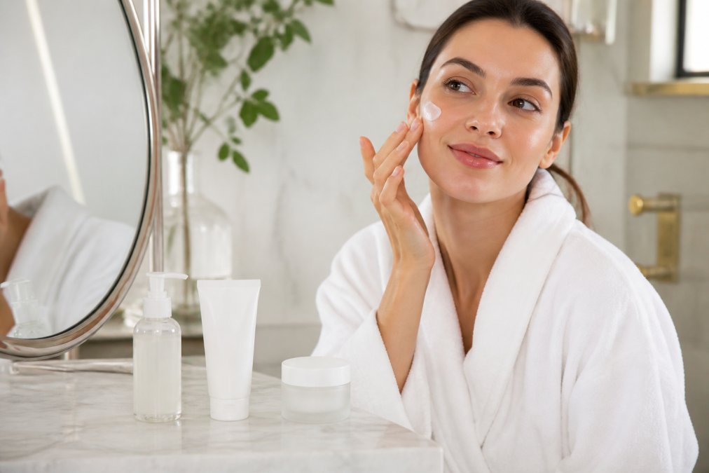 A woman with glowing skin applying moisturizer in a bright bathroom, with three skincare products arranged on a clean marble counter