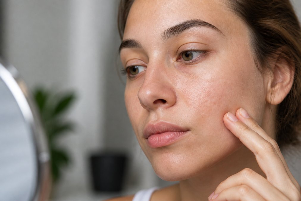 Close-up of a person's face showing clear skin texture and pores in natural morning light, taken without makeup to demonstrate skin condition assessment