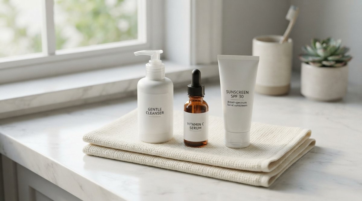 A flat lay of a minimal skincare routine on a white bathroom counter: a gentle cleanser pump bottle, a small amber vitamin C serum bottle, and a white sunscreen tube arranged on a folded cream towel with soft morning light from a nearby window