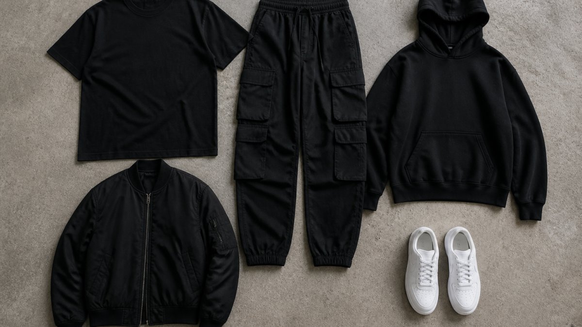 A flat-lay photograph of a minimalist streetwear wardrobe laid out on a neutral concrete floor: a black heavyweight oversized tee, black cargo pants, a black hoodie, a black bomber jacket, and clean white sneakers arranged in a grid