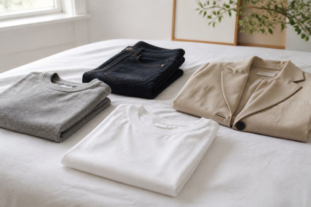 Neatly folded neutral-toned clothing items arranged on a clean white surface, including a white tee, grey crewneck, dark jeans, and a beige blazer, shot in soft natural light from a window, representing a curated capsule collection