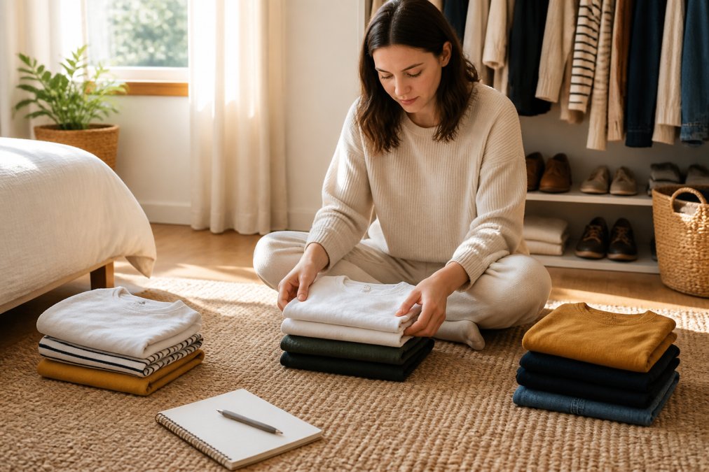 Person sorting clothes into keep, donate, and discard piles to build a minimalist wardrobe on a bedroom floor.