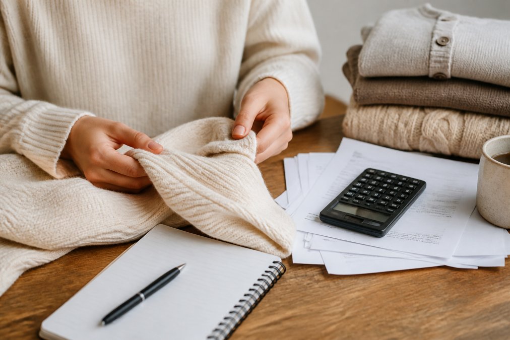 Close-up of a person's hands gently feeling the texture of a soft natural fiber knit, a cream-colored merino wool sweater, in a warm, minimal home setting with soft afternoon light