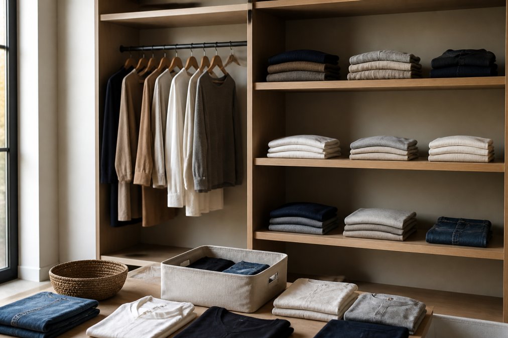 A neatly organized open closet with a small, curated selection of folded neutral-colored clothing items on wooden shelves and a few hanging garments in muted tones, with visible empty space on the rod suggesting intentional editing, shot in warm natural light