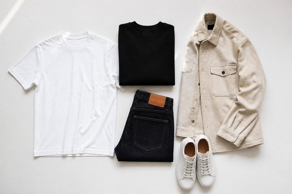 Flat lay of minimalist men's wardrobe essentials arranged on a clean white surface: a white crewneck tee, folded black sweatshirt, dark indigo denim, a neutral overshirt in oatmeal, and clean white low-top sneakers, shot in bright editorial overhead lighting