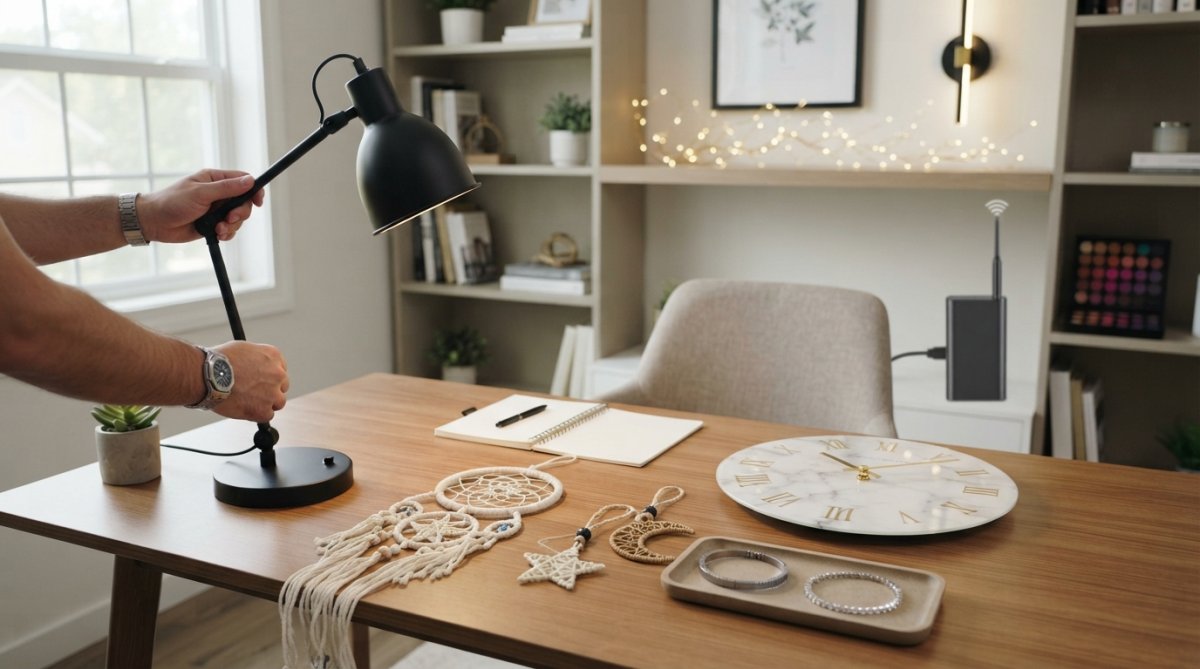 Bright, minimalist home office workspace with clean desk, ergonomic chair, natural light from window, modern desk lamp, and decorative accessories on floating shelf