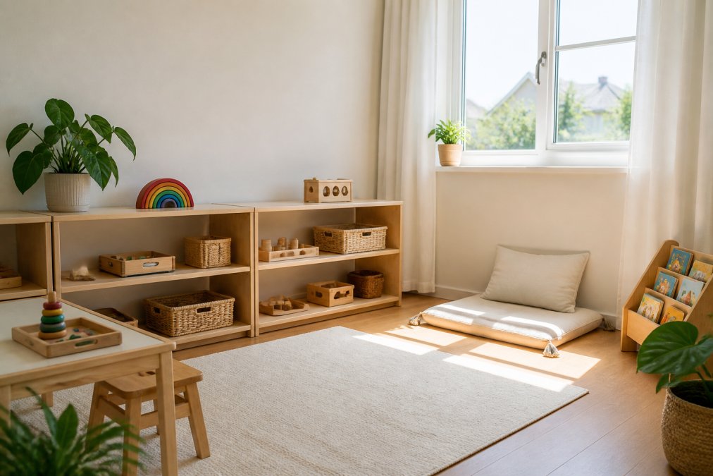 A bright, minimal toddler playroom with low open wooden shelves displaying a few neatly arranged toys and baskets, a small floor-level reading nook with a cushion, and warm natural light streaming through a window