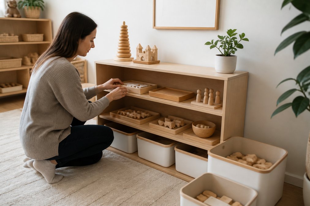 A parent kneeling beside a low wooden shelf, carefully arranging a small collection of wooden open-ended toys and activity trays, with labeled opaque storage bins nearby and a calm, neutral-toned room in the background