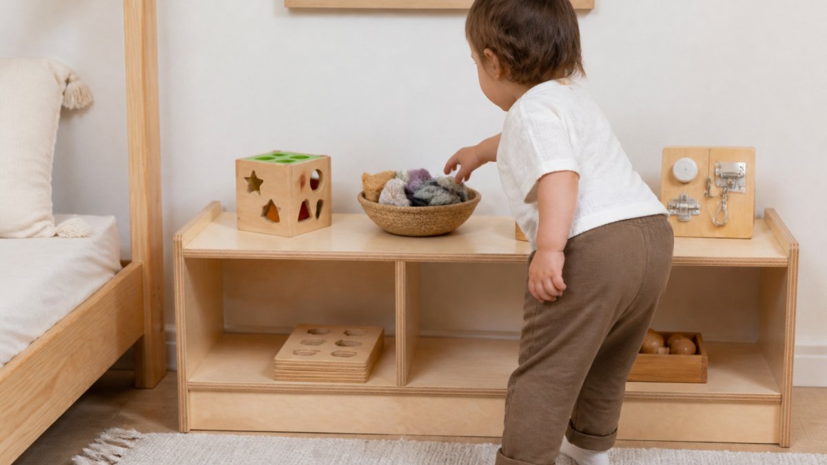A wooden low shelf in a bright child's room holding a small number of toys: a shape sorting cube, a basket of fabric scraps, and a wooden busy board, with a toddler reaching for one item