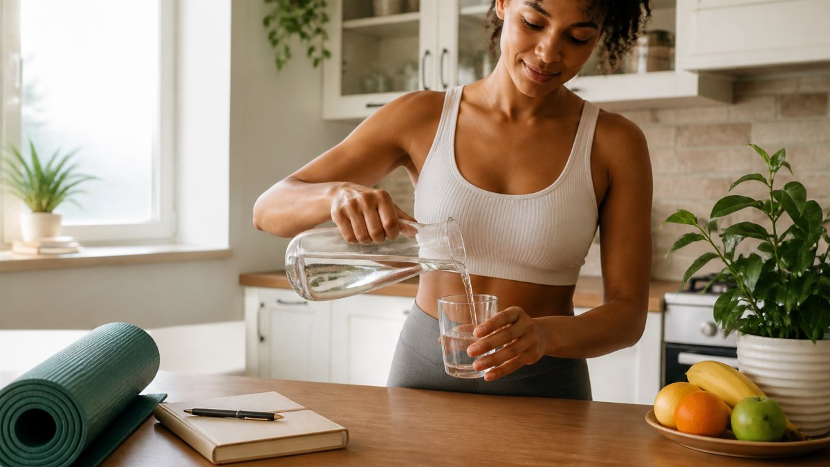 A woman in a sunlit kitchen pouring water into a glass, with a yoga mat and journal visible on the counter nearby