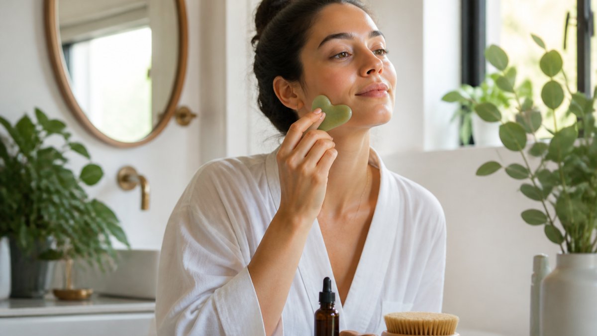 Woman in natural morning light applying facial oil with gua sha stone, serene bathroom setting with plants and soft lighting, showing the ritual in action