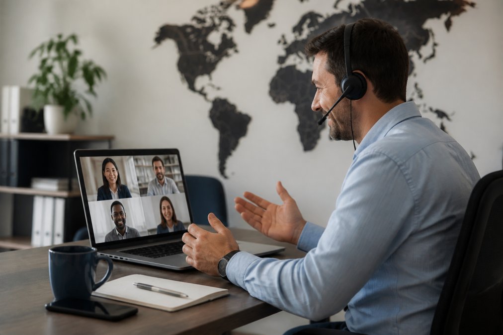 Sales manager on a video call with a multilingual sales team in a modern office with a world map wall.