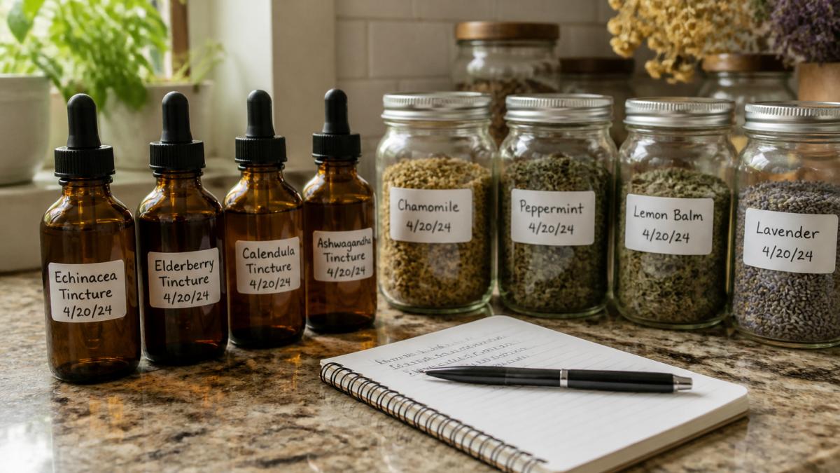 A kitchen counter with amber glass tincture bottles and glass jars of dried herbs, each with a handwritten label showing herb name and date, beside a small notebook and pen