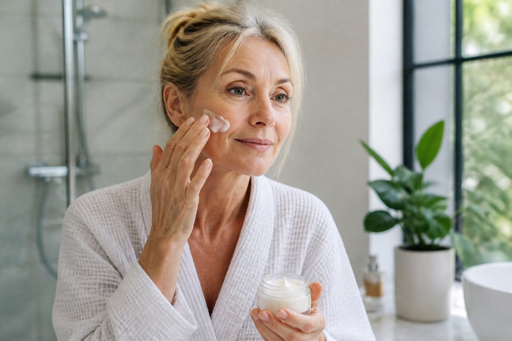 A woman in her fifties with radiant skin applying face cream in a bright, modern bathroom, soft natural light, calm and elegant atmosphere